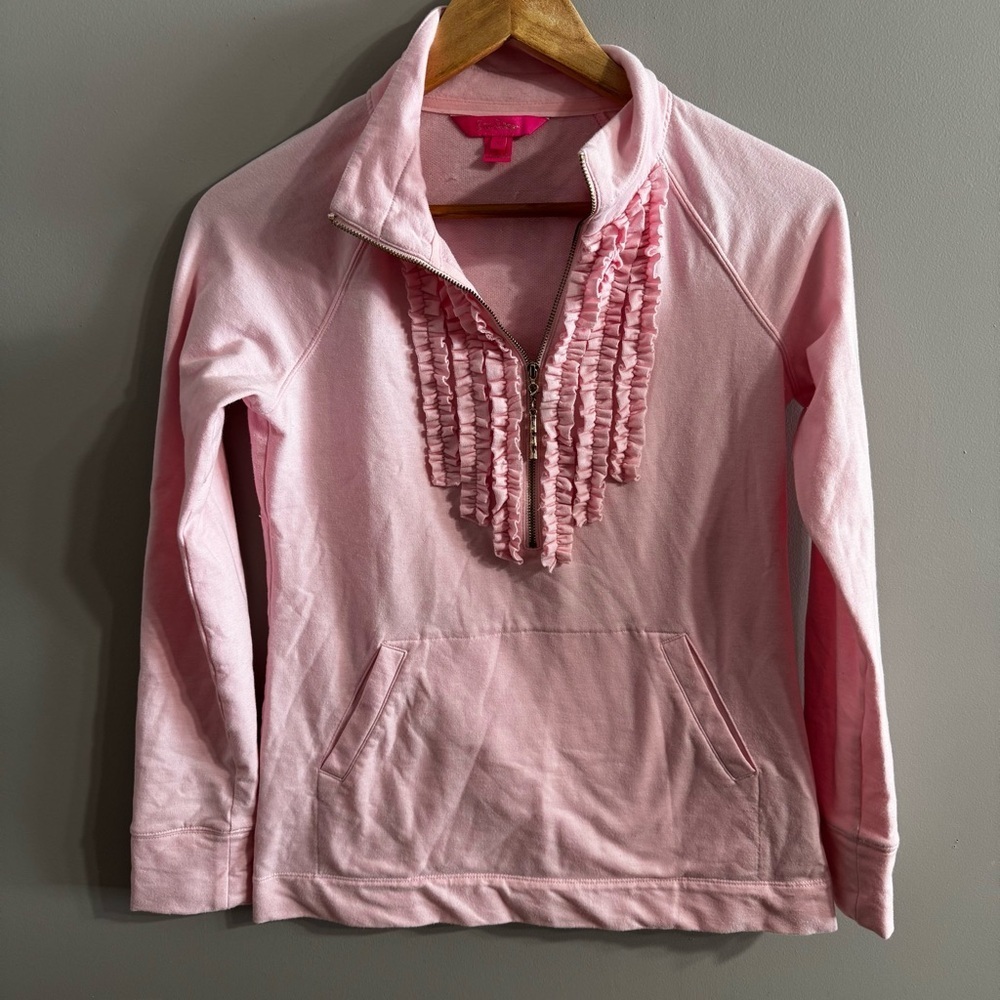 Lilly Pulitzer Half Zip Ruffle Front Design Pullover In Light Pink Color - Picture 4 of 4